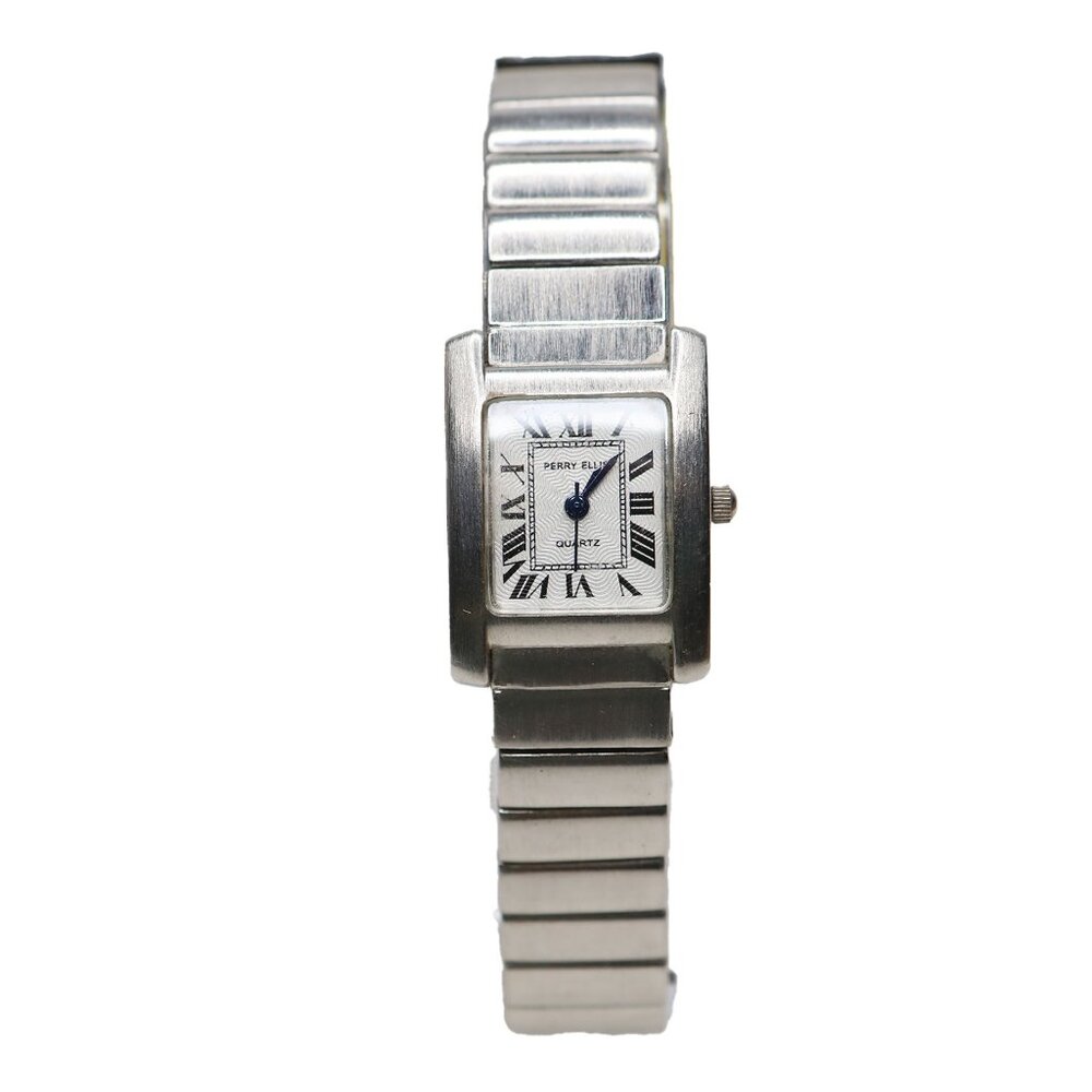Perry Ellis Women's Silver Tone Roman Numeral Quartz Watch Small Rectangle Dress